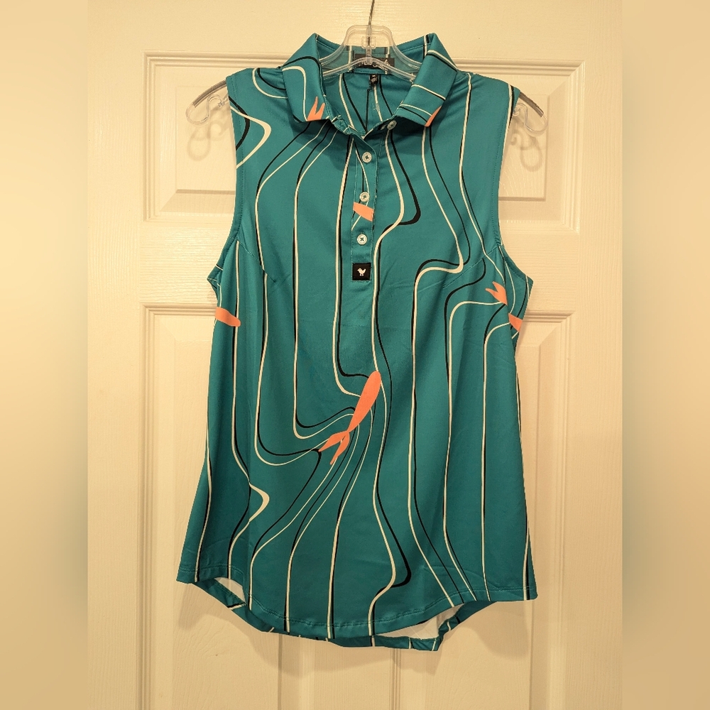 NWT Bad Birdie Koi Joy Turquoise Teal Sleeveless Women Top Golf Polo tennis sz M